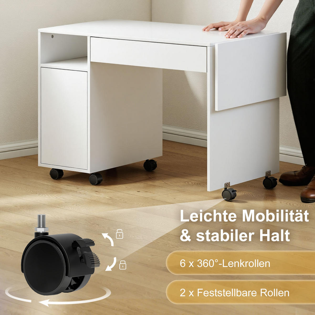 ROLLBARER Computertisch, klappbarer Schreibtisch mit Schrank und Schublade - Weiß, Holzwerkstoff (130/58/73.2cm) - HOMCOM