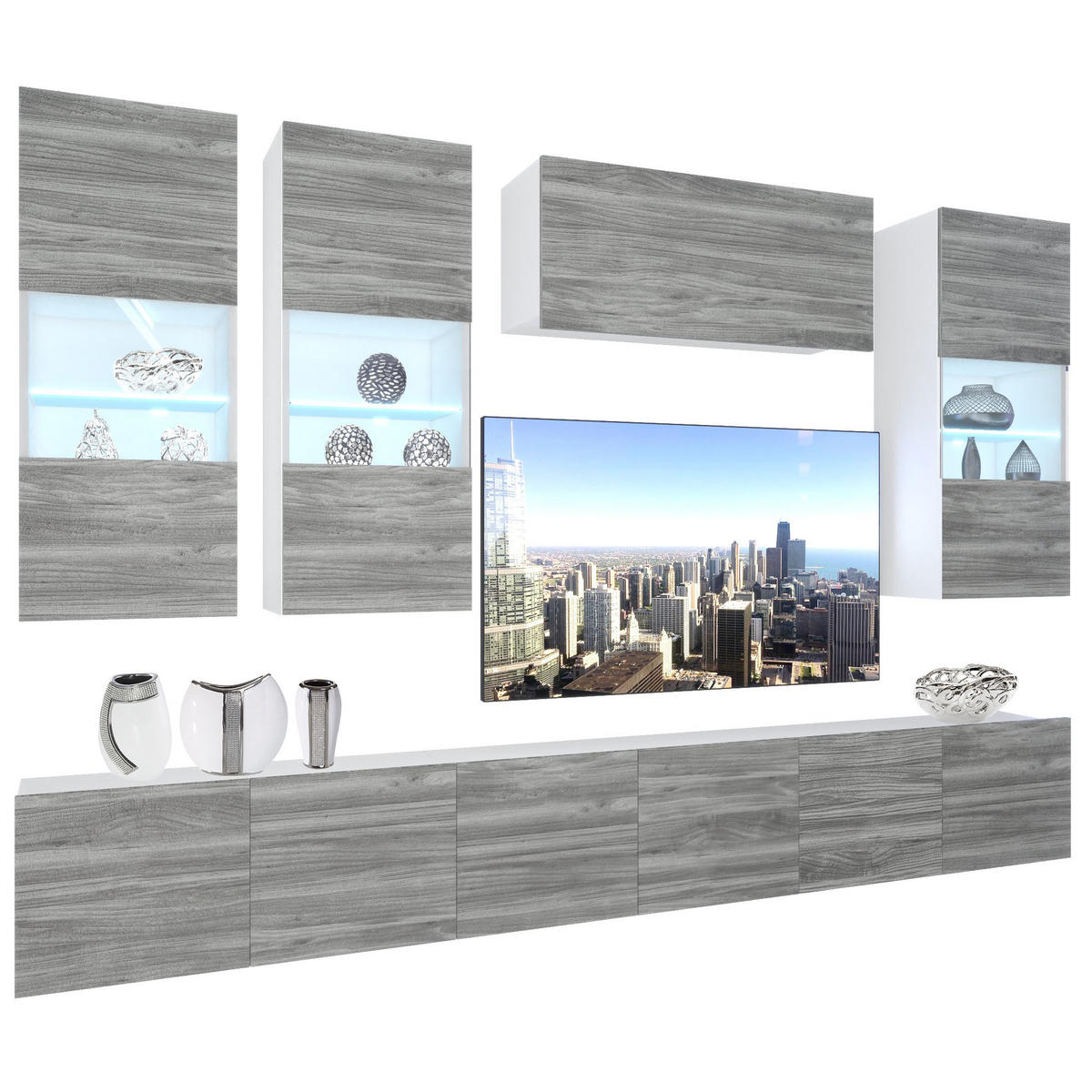WOHNZIMMERWAND Schrankwand mit LED Glamour Holz - Grau, Holz (300/180/36cm) - B BELINI GROUP