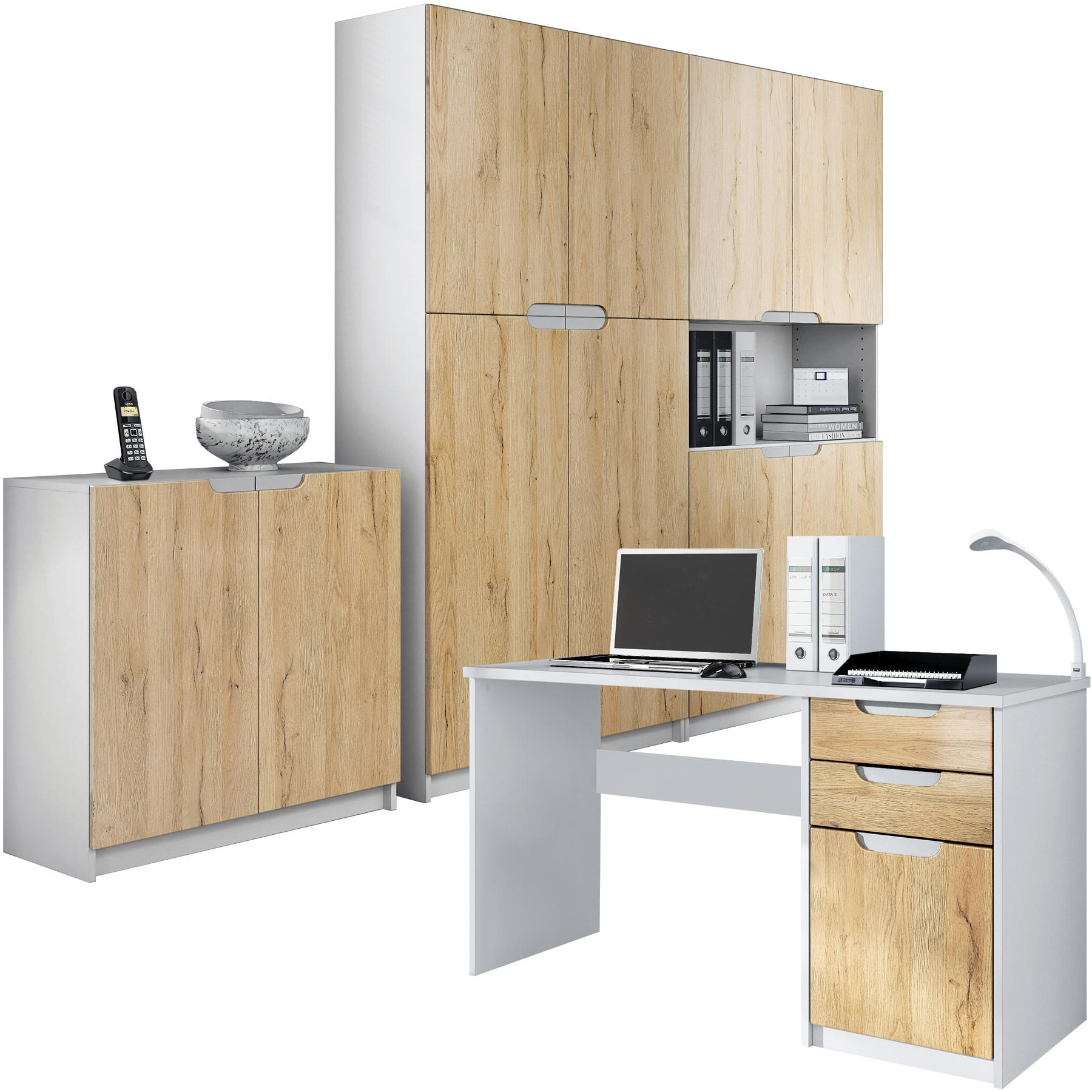 BÜROMÖBELSET Logan Fronten in Eiche Natur - Eichefarben, Holzwerkstoff (246/185/60cm) - Vladon
