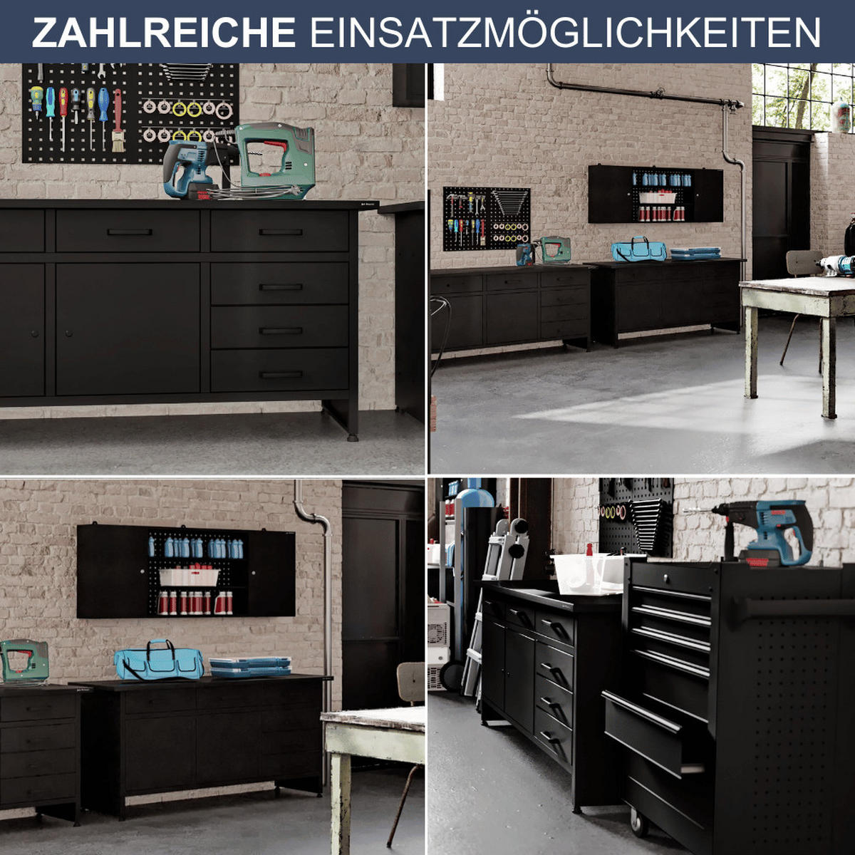 WERKBANK Werkstatt KARL 2x Tür 85x170x60cm All Black - Schwarz, Metall (170/85/60cm) - DELUKE