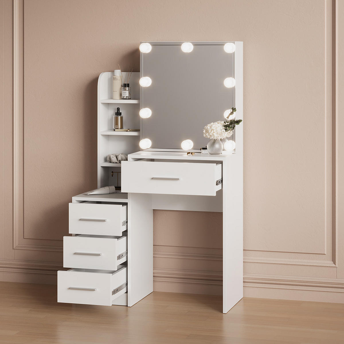 SCHMINKTISCH Loreta Weiß 80 cm mit LED Beleuchtung - Weiß, Holzwerkstoff (80/131.6/36cm) - Livinity®