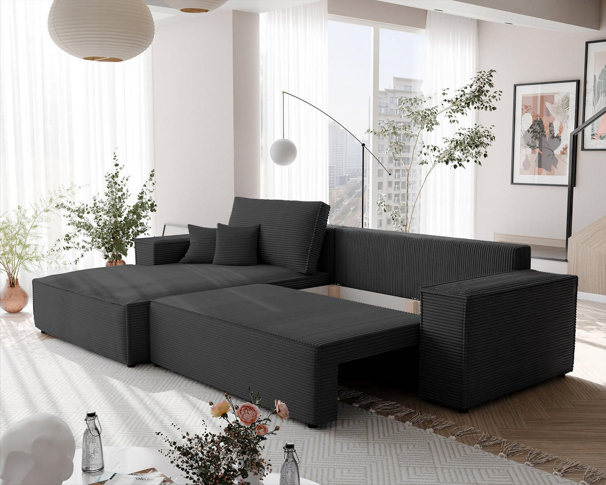 ECKSOFA NOVA mit Schlaffunktion und Bettkasten Anthrazit - Anthrazit, Holzwerkstoff/Kunststoff (250/90cm) - Idohome