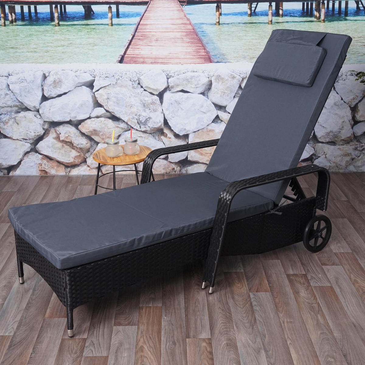 POLY-RATTAN SONNENLIEGE Anthrazit, Grau - Anthrazit/Grau, Kunststoff (71/108/197cm) - MCW