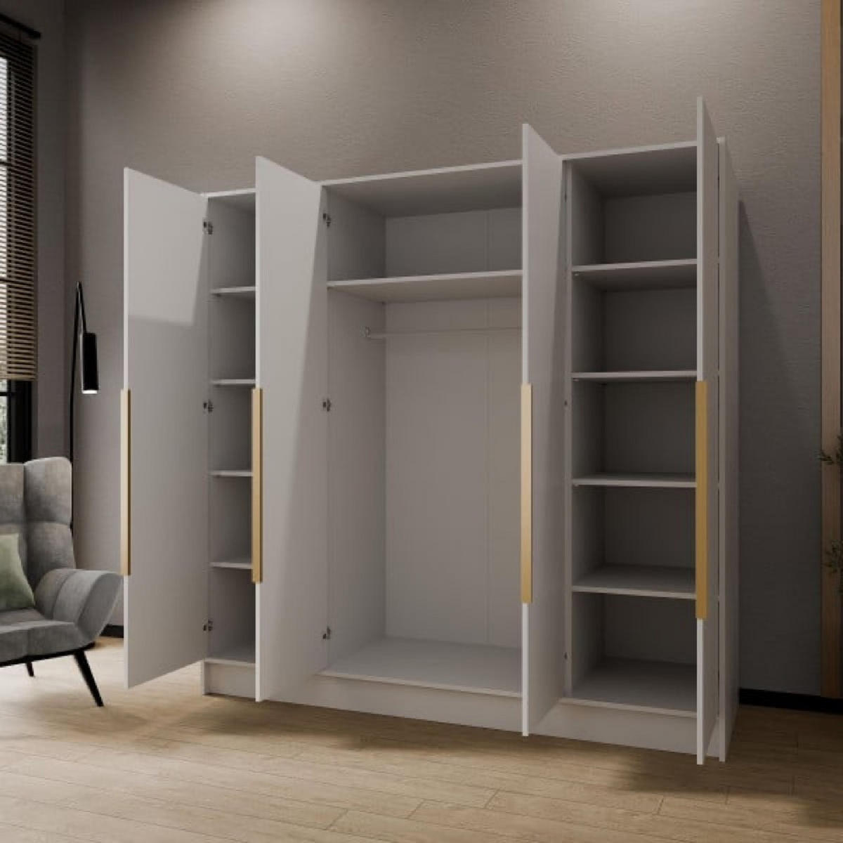 SCHRANK Weiß ORTO 200 G Glatt Ohne Spiegel Mit Goldenen Griffen - Goldfarben/Weiß, Holzwerkstoff (200/200/51cm) - Sepro Meble