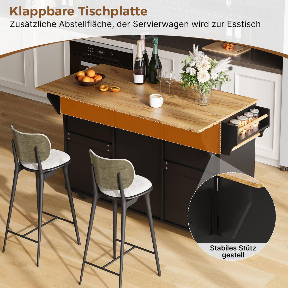 KÜCHENINSEL auf Rollen 120/45/90 cm Schwarz mit klappbarer Arbeitsplatte, 4 Schublade und Gewürzregal - Silberfarben/Schwarz, Holz/Holzwerkstoff (70/90/120cm) - Oxeza
