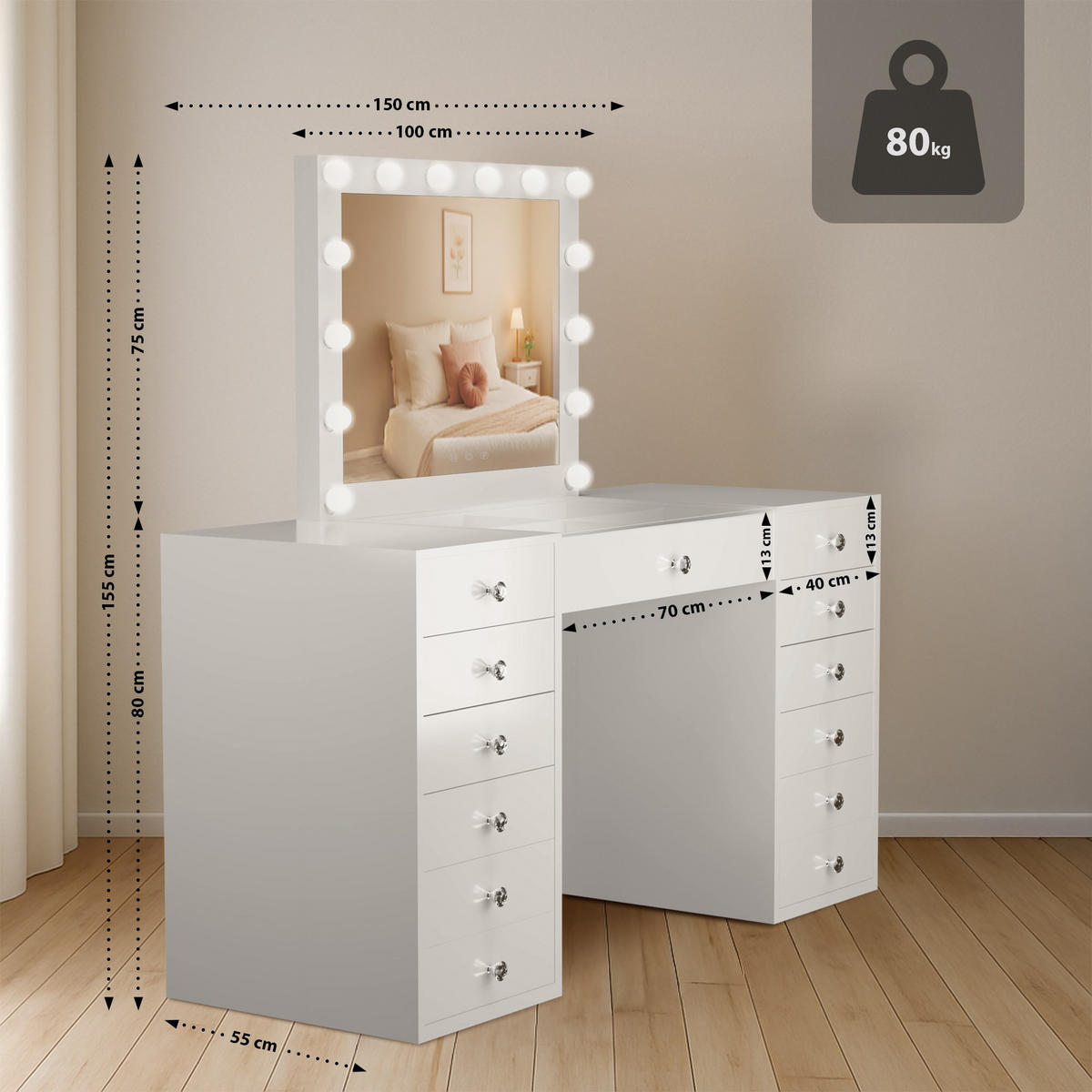 SCHMINKTISCH eckig 150/55/155 cm Holz Weiß - Weiß, Holz (150/155/55cm) - CLP