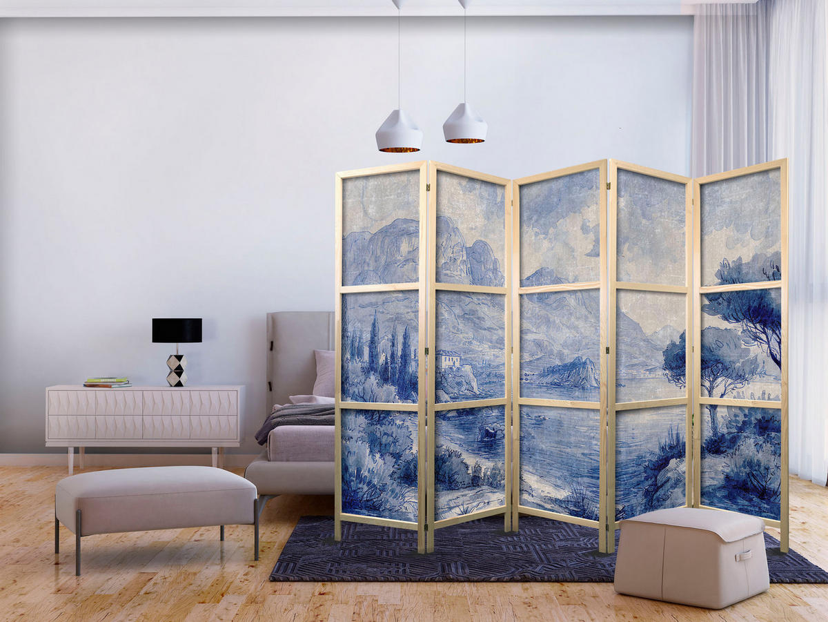 PARAVENT Japanischer 5-tlg 225x172 cm Blaue Landschaft - Blau, Holz/Textil (225/172/3cm) - Muralo