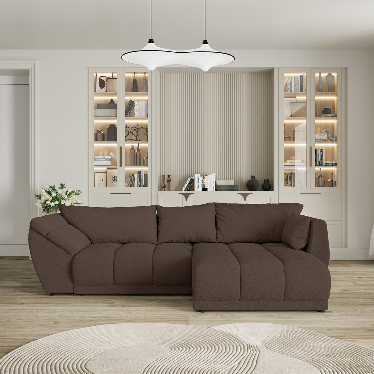 ECKSOFA ORENTI R-S Braun Boucle-Stoff mit Schlaffunktion - Braun, Holz (287/182cm) - MASSENO