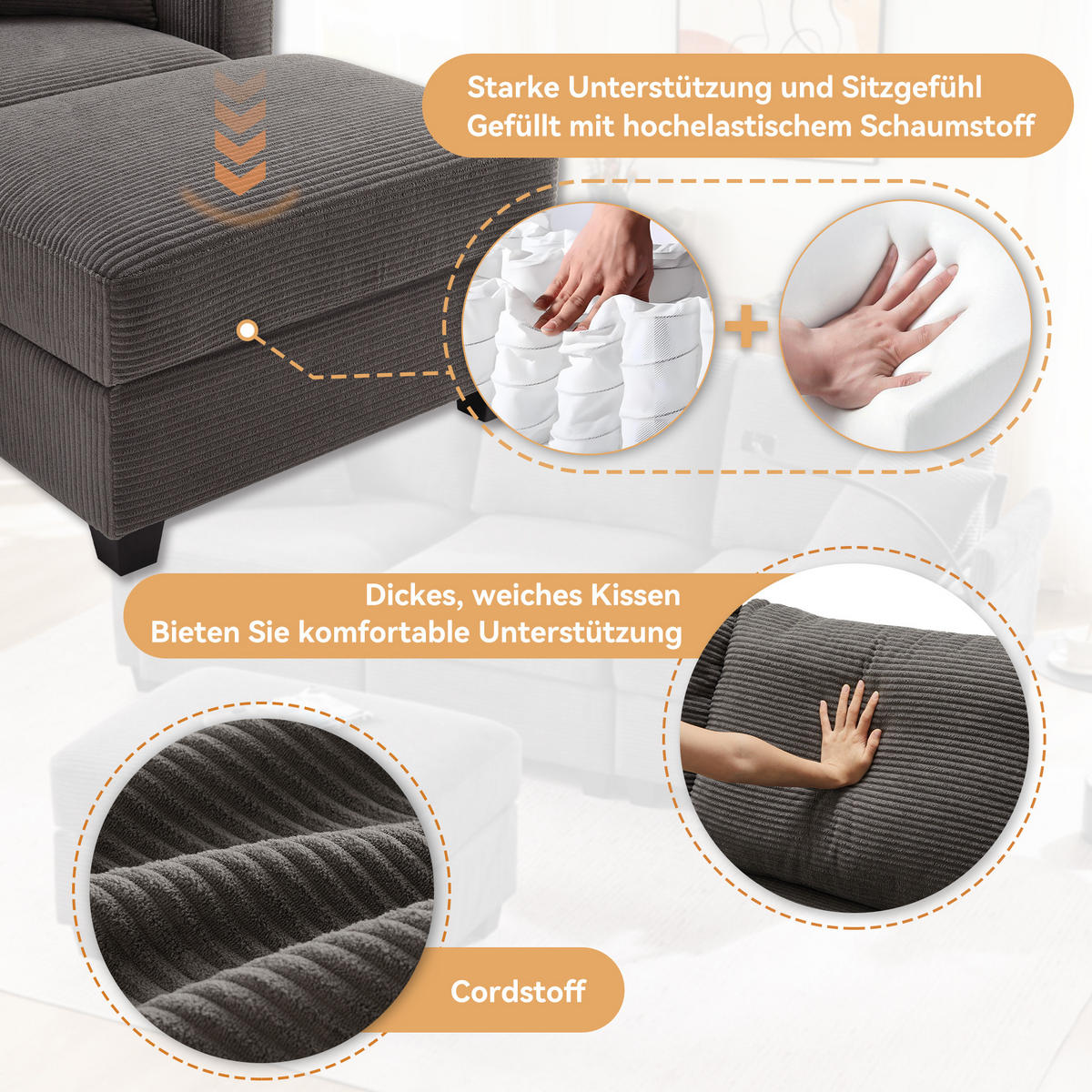 SOFA Modernes 3-Sitzer mit Stoffbezug, Grau – Komfortabel, stilvoll, langlebig, 220 x 90 x 85 cm - Grau, Holzwerkstoff/Textil (213.5/139cm) - Urban Meuble