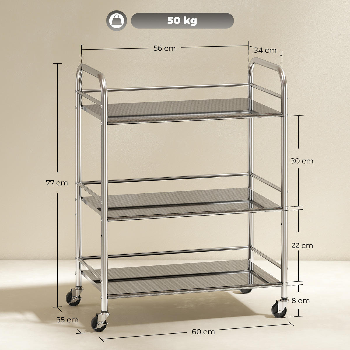 SERVIERWAGEN DE-17131 3 Ebenen Edelstahl 201 Silber - Silberfarben, Metall (35/77/60cm) - ComfortXL