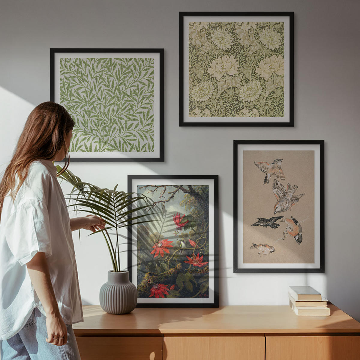 BILDER SET 4er Set - 50x50 cm & 40x60 cm Schwarzer Rahmen - Blumen und Vögel in natürlicher Umgebung - Schwarz, Kunststoff (50/50cm) - TULUP
