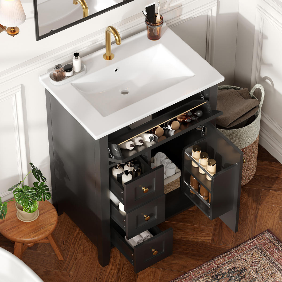 BADEZIMMERSCHRANK Schwarz Hochglanz 4 Schubladen Tür 61cm - Schwarz, Keramik (61/86/47cm) - FLIEKS