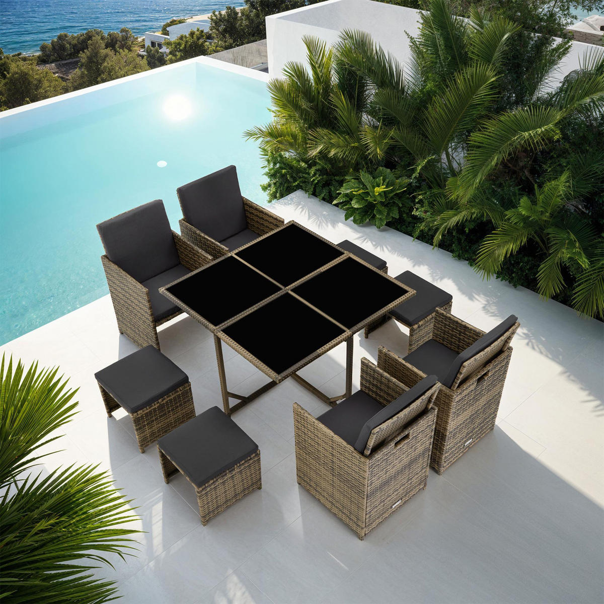 RATTAN SITZGRUPPE Bilbao,zusammenschiebbar, inklusive Schutzhülle,natur - Naturfarben, Kunststoff - tectake