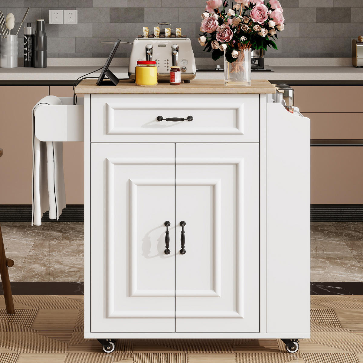 KÜCHENROLLWAGEN 66x40x90cm MDF mit Klappplatte, Schublade, Schrank & 4 Rollen - Weiß, Holzwerkstoff (66/90/38cm) - Modfu