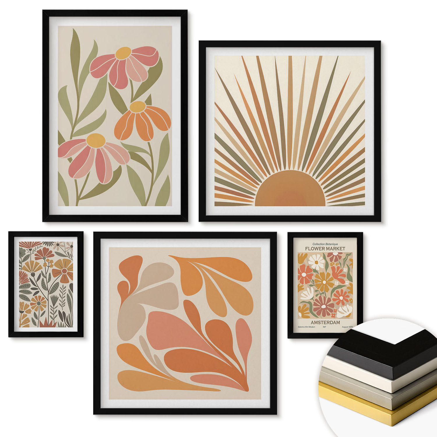 WANDBILDER 5er-Set - 50x50 cm & 20x30 cm & 40x60 cm Schwarzer Rahmen - Pastellfarbene Sonnenblumen - Schwarz, Kunststoff (40/60cm) - ArtPrintCave