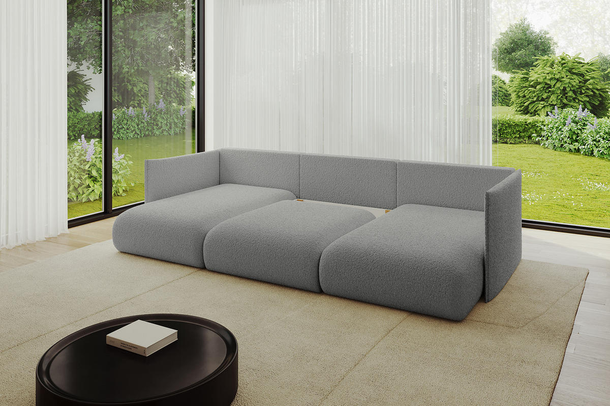 WOHNLANDSCHAFT mit Schlaffunktion und Bettkasten ONESK-U 304x165x40 Hellgrau Bouclé - Hellgrau, Holzwerkstoff/Kunststoff (304/90/165cm) - ALTDECOR