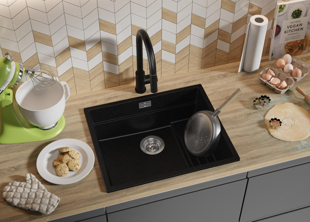 SPÜLBECKEN Praga Slim, 2-er set Alles Schwarz 56/47 cm 1 Becken + Ablauf-Set + Aufrollbare Abtropffläche ab 60er Unterschrank - Schwarz, Kunststoff (56/20/47cm) - Primagran