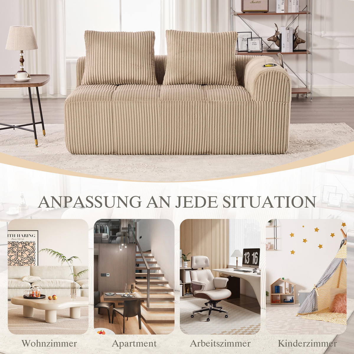 CHAISELONGUE in Cord Übergroßer Relaxsessel mit Seitentaschen - Taupe, Textil (158/61/93cm) - Urban Meuble