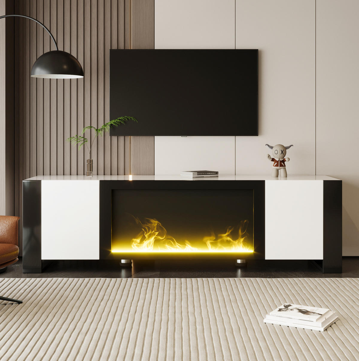 TV-SCHRANK aus Spanplatte 165x32x55 cm Weiß/Schwarz mit Elektrokamin, Hochglanzfront und Push-to-open - Schwarz, Holzwerkstoff (165/55/32cm) - Modfu