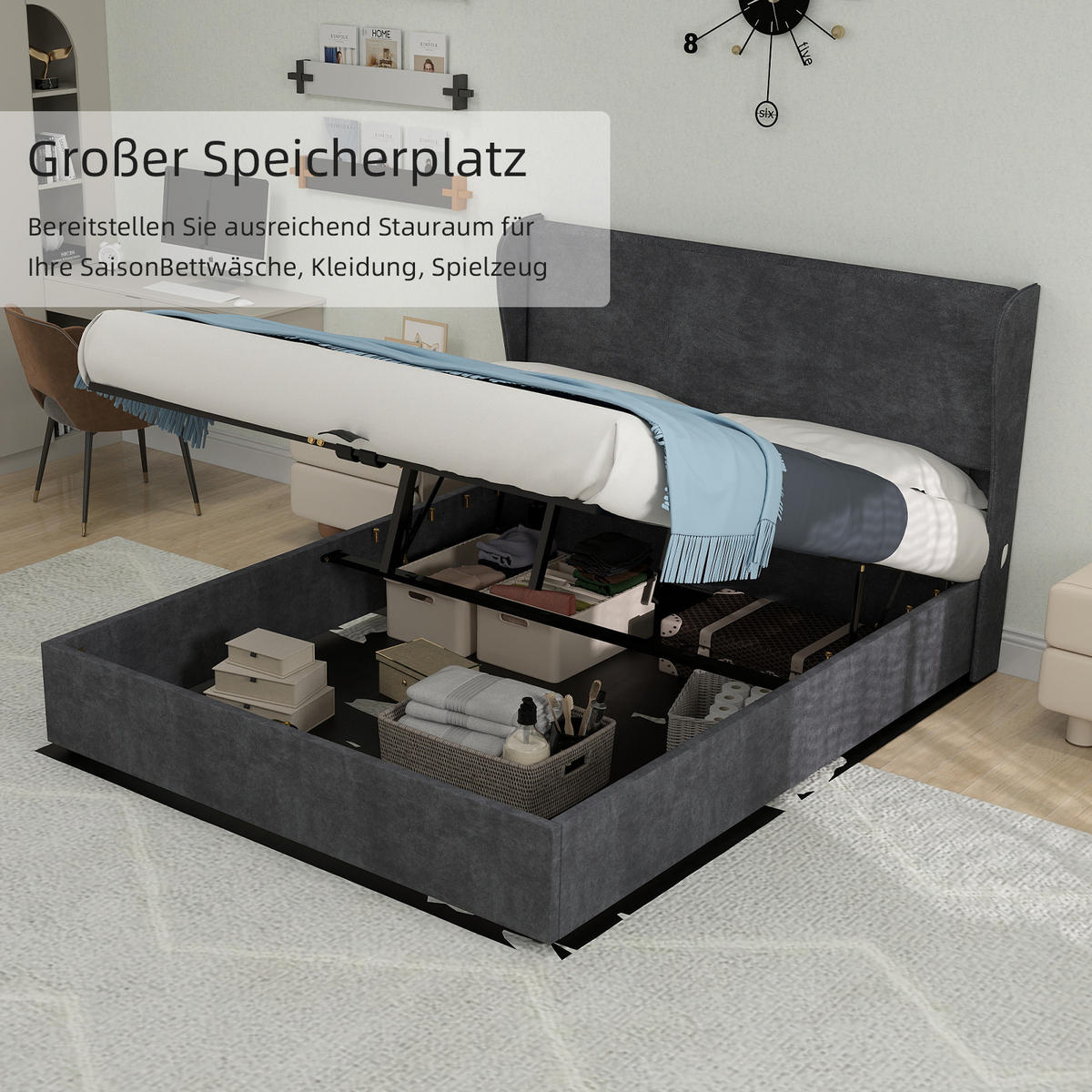 POLSTERBETT 140/200 cm in Grau Samt - Grau, Holzwerkstoff/Textil (140/200cm) - WISHDOR