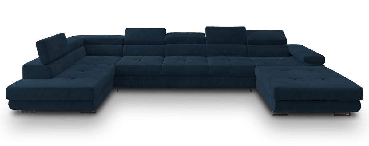 WOHNLANDSCHAFT TORIVA L-S Blau Velours-Stoff mit Schlaffunktion - Blau, Holz (418/90/202cm) - MASSENO