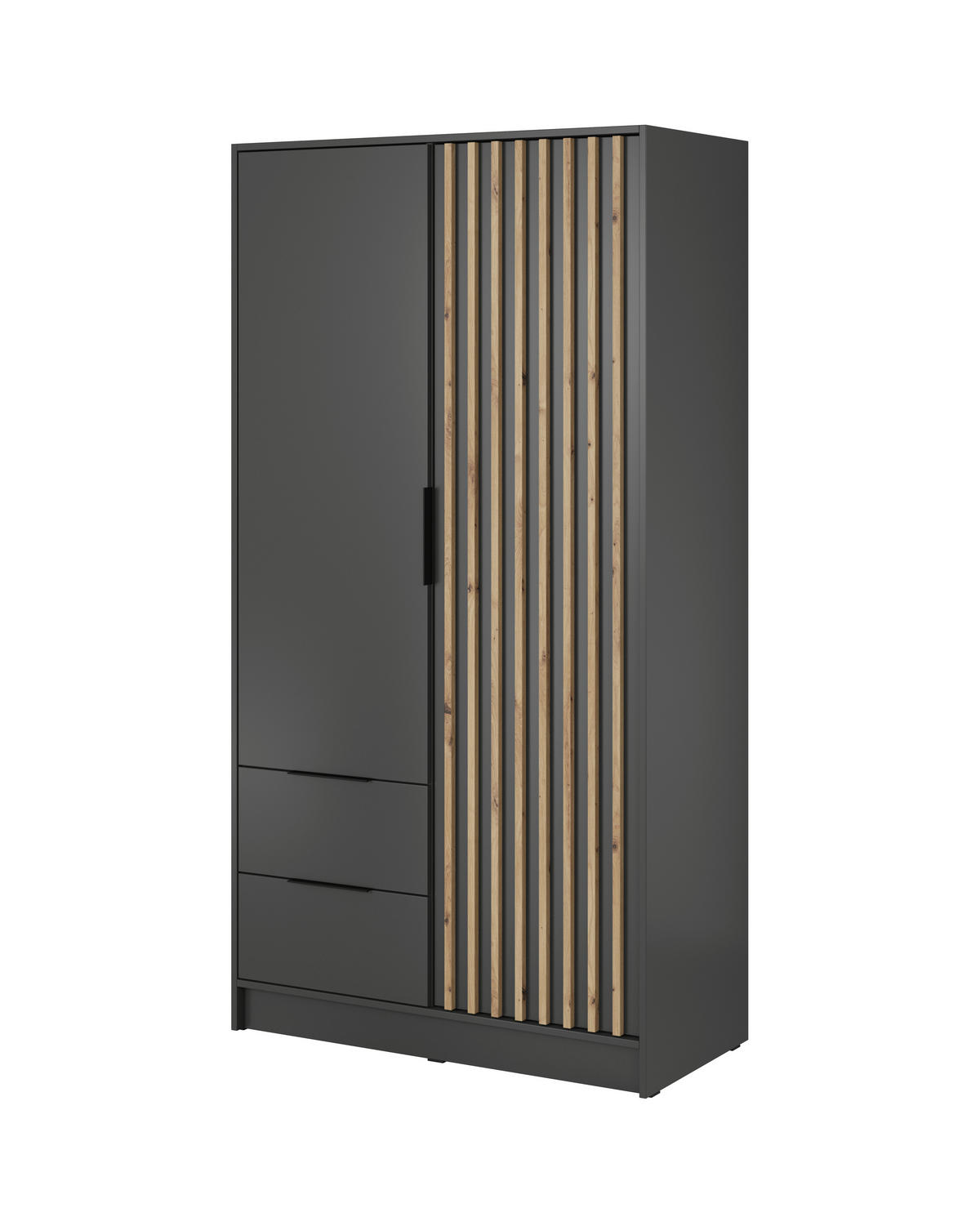 KLEIDERSCHRANK Nelly Graphit, Artisan Eiche Lamellen, Schrank Zweitürige, Garderobe mit Schubladen - Graphitfarben, Holzwerkstoff (105/200/51cm) - Bettso