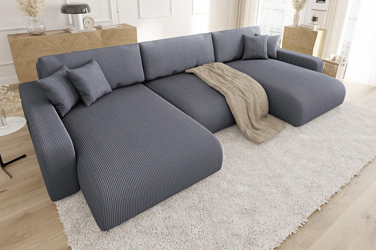 WOHNLANDSCHAFT Emma Grau Cord - Schwarz/Grau, Holz/Kunststoff (332/170cm) - S-Style Möbel