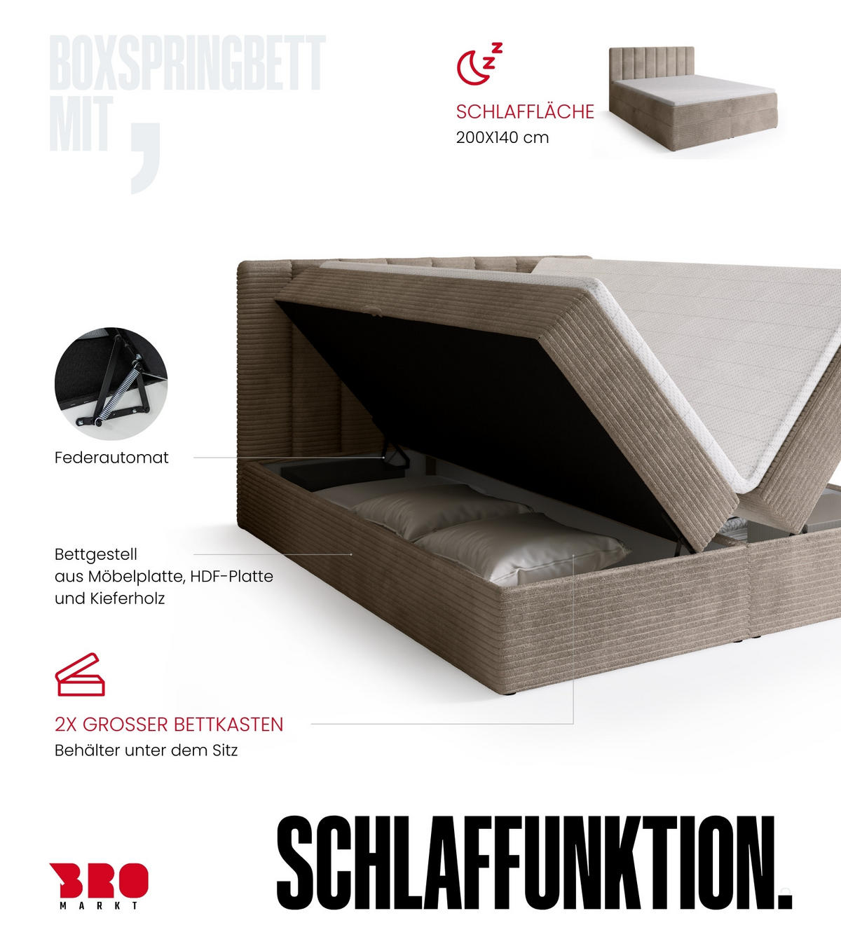 BOXBETT DENVER mit Topper 140x200 Beige - Beige, Textil (140/200cm) - Bromarkt