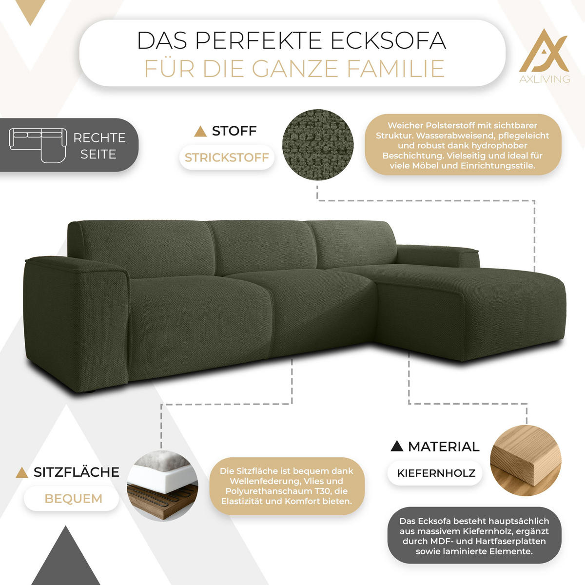 ECKSOFA L Form Didim mini Grün 310/165/78 cm – stilvolle kleine Eckcouch R - Schwarz/Grün, Kunststoff/Textil (310/165cm) - AX Living