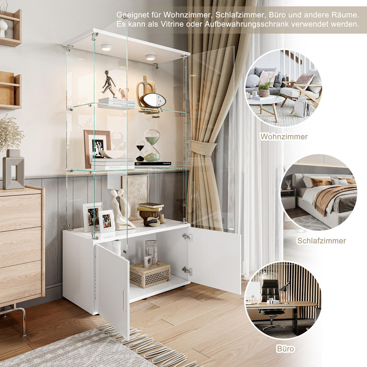 GLASVITRINE 4 Türen 6 Einlegeböden LED Touch weiß - Weiß, Holz (78.5/164/35cm) - LEBENLANG