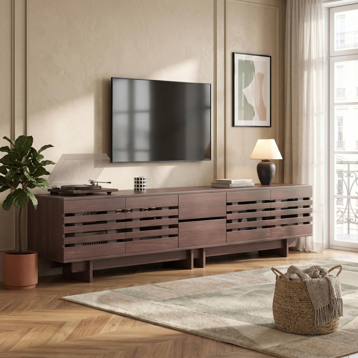 TV-LOWBOARD Walnuss Holzoptik 200cm für 80 Zoll TV mit 4 Türen & 2 Schubladen - Walnussfarben, Holzwerkstoff (200/55/39.5cm) - Urban Meuble