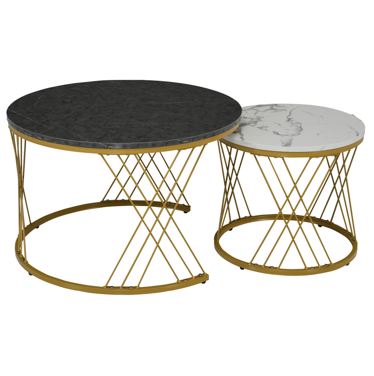 COUCHTISCH Set 70/70/45 cm und 45/45/40 cm Grau mit Hochglanz Marmormuster und Goldrahmen - Grau, Holzwerkstoff (70/70/45cm) - OKWISH