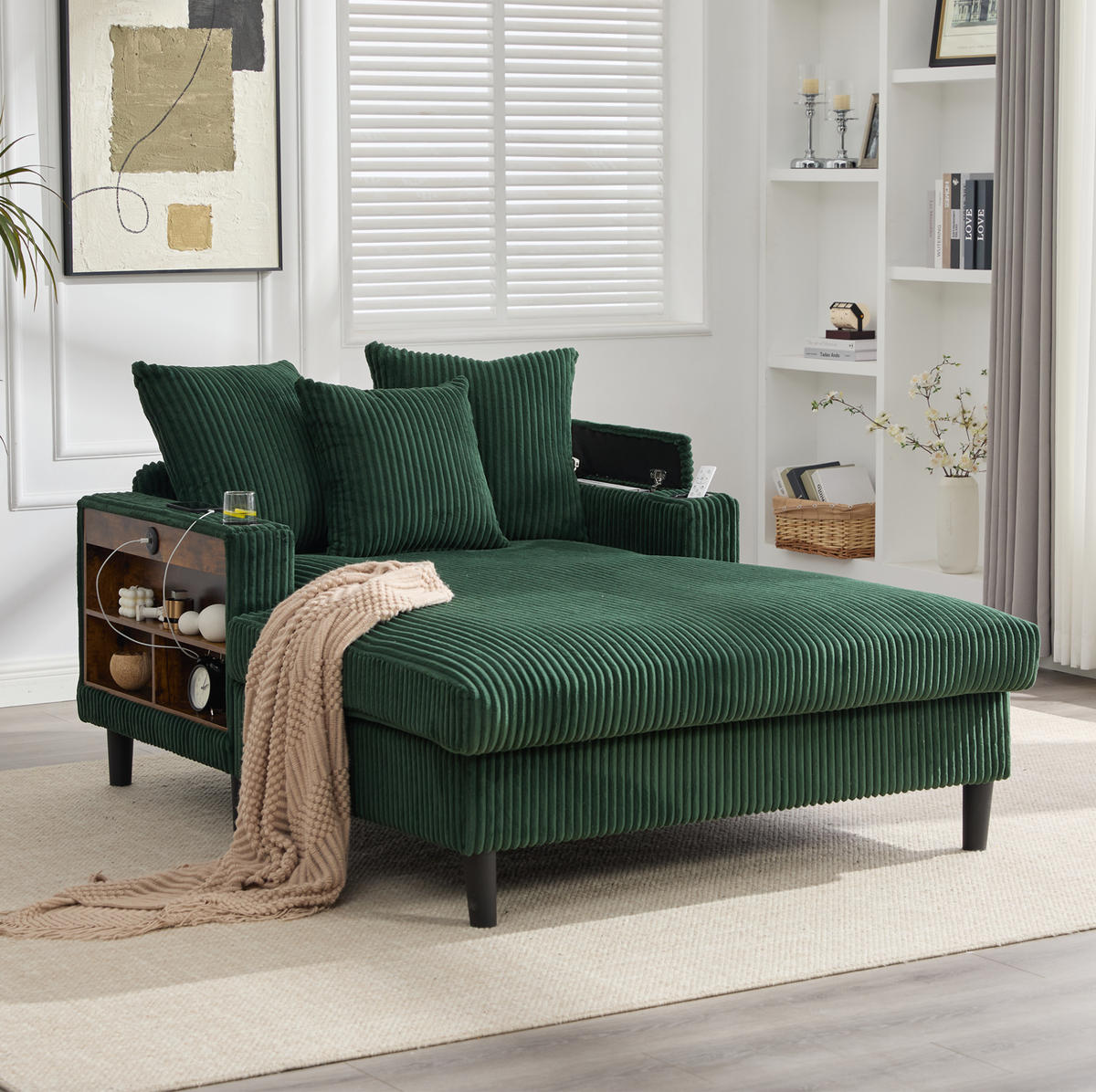 CHAISELONGUE mit LED, USB und Stauraum 129 x 170 cm Cord Emerald - Smaragdgrün, Holz (170/70/129cm) - Meubliv