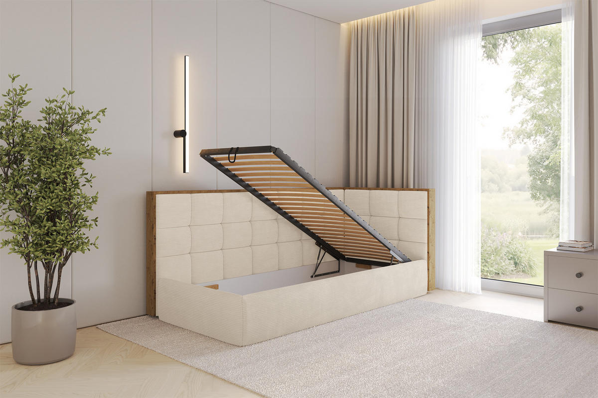 EINZELLBETT Jugendbett mit Bettkasten und Matratze H3/H4, Links - SOVY 90x200 Beige - Creme, Holzwerkstoff/Textil (90/200cm) - ALTDECOR