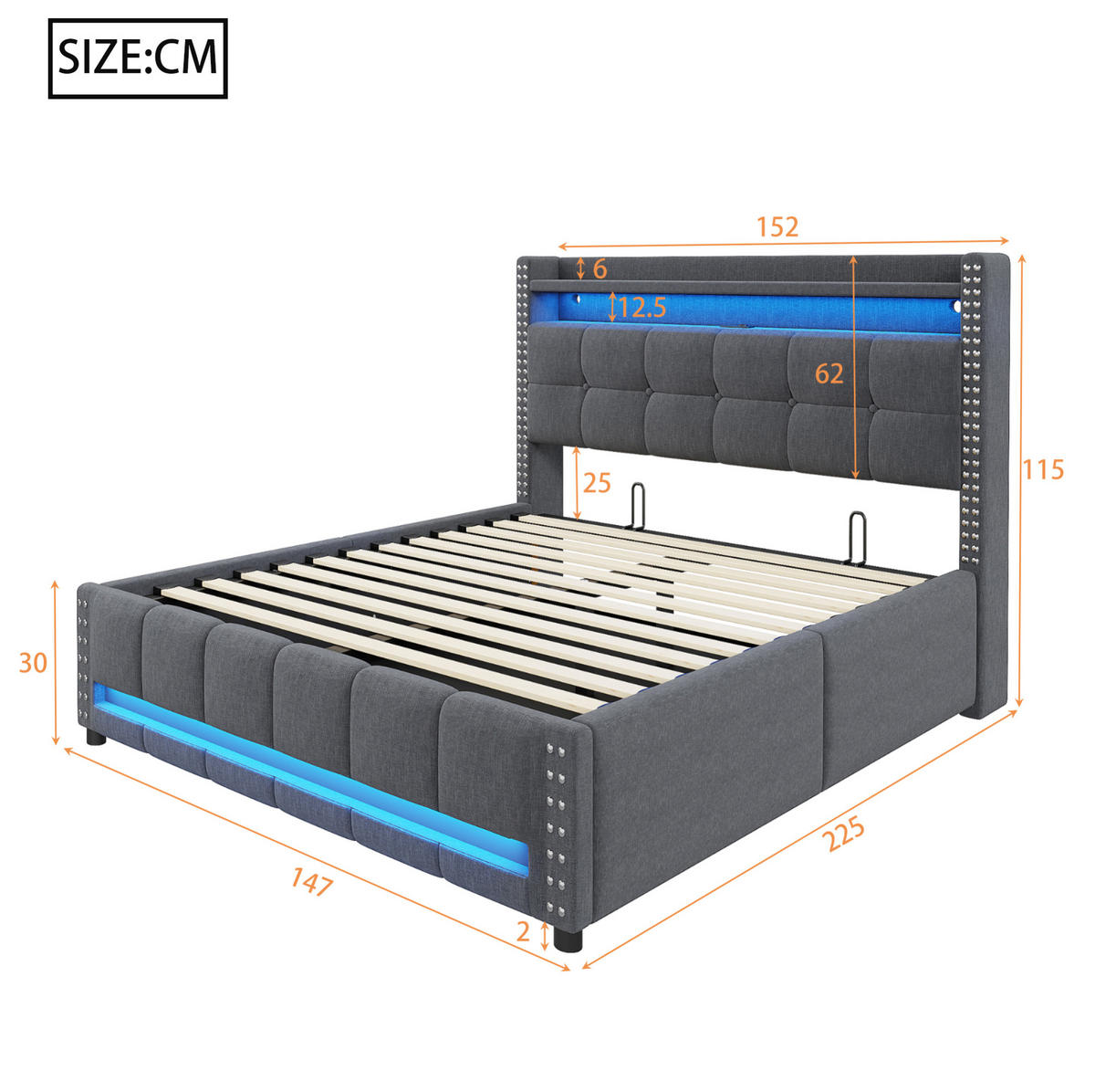 ČALÚNENÁ posteľ z leinenstoffu 140x200 cm sivá s LED osvetlením, USB portom a hydraulickým úložným priestorom - sivá, textil (140/200cm) - Modfu