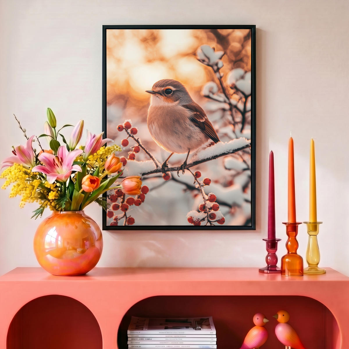 LEINWAND Bilder mit Rahmen - Vogel - Zweig - Winter - Tiere - Schnee - 30x40 - Bernsteinfarben, Textil (30/40cm) - MuchoWow