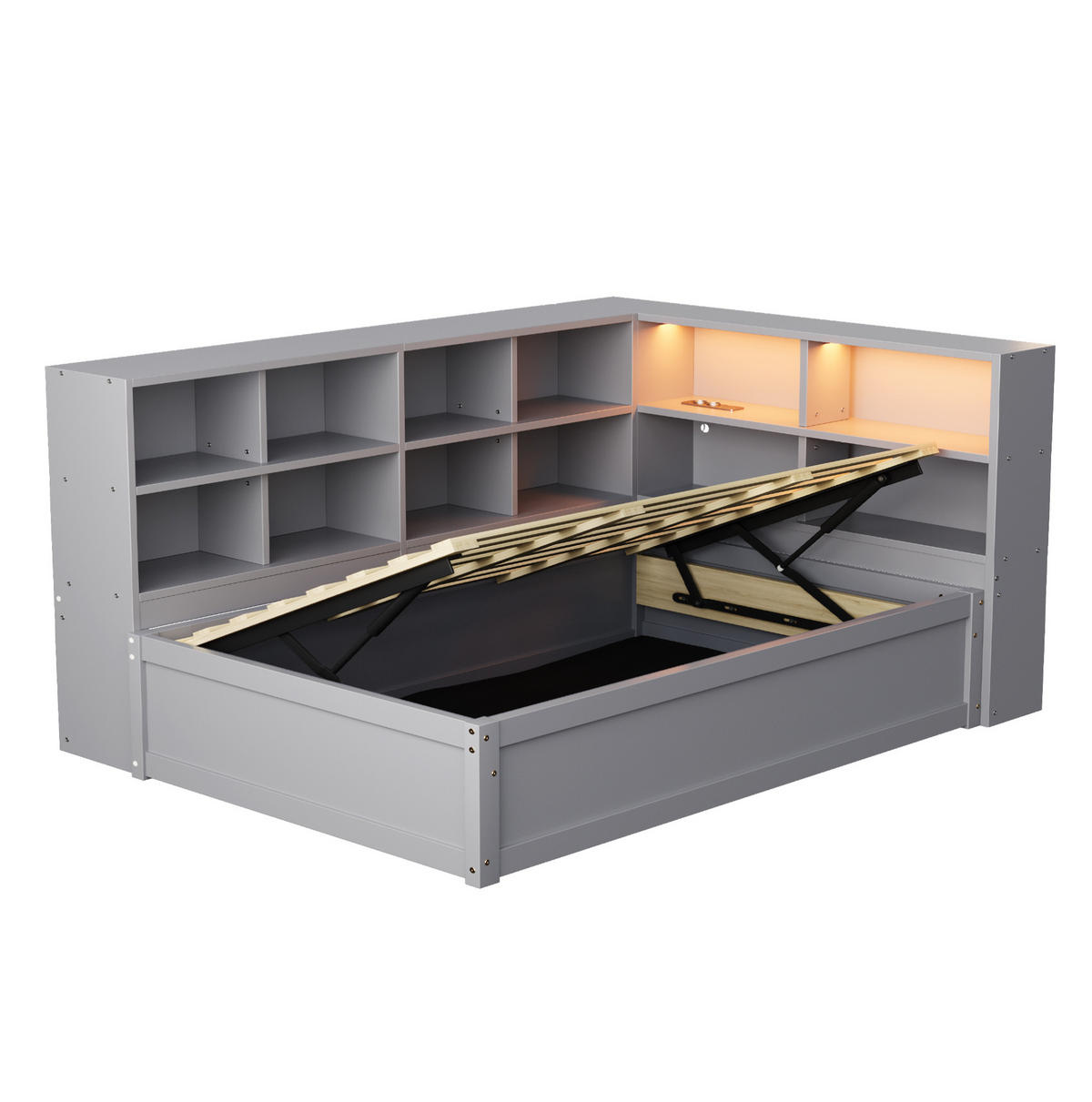 BETT mit Kopfteil 90/200 cm aus Massivholz mit Stauraum und LED-Leiste - Grau, Holz (90/200cm) - BEAOK