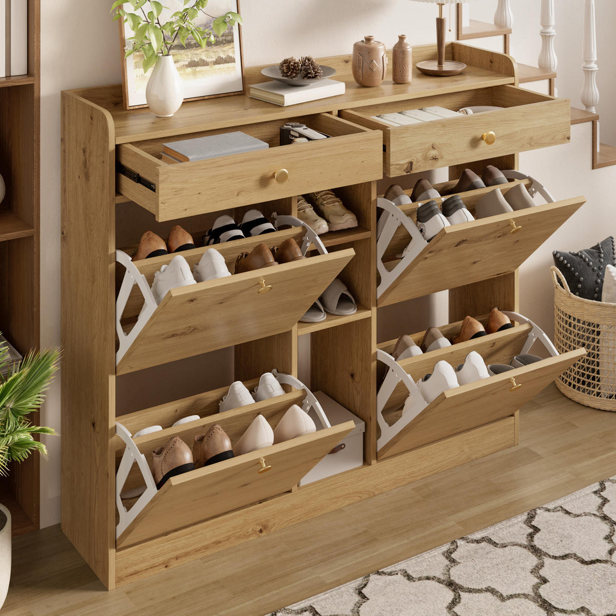 SCHUHSCHRANK 4 Klappen 2 Schubladen 110x26x100 cm - Naturfarben, Holzwerkstoff (110/100/26cm) - LEBENLANG