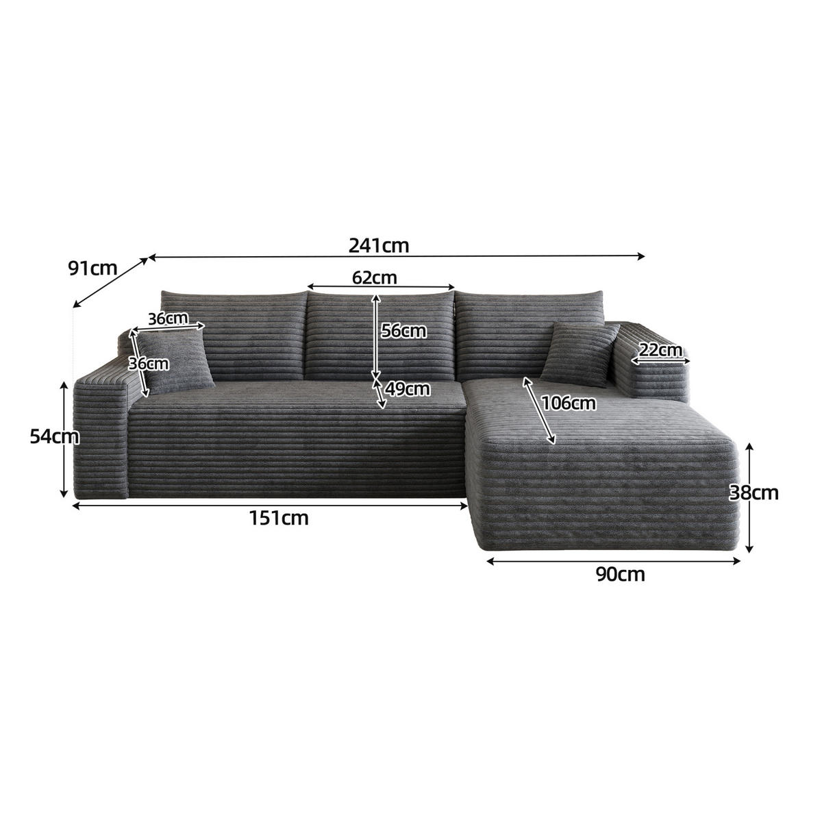 ROHOVÁ pohovka 241 cm tmavě šedá z látky s hlubokým sedem a bez montáže - tmavě šedá, textil (151/241cm) - OKWISH