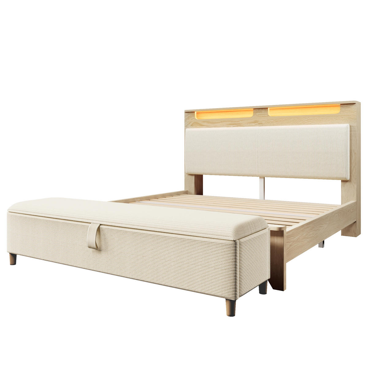 POLSTERBETT 160/200 cm mit LED-Beleuchtung, Kopfteil mit Stauraum und Bettbank, Beige - Beige, Holz (160/200cm) - Redom
