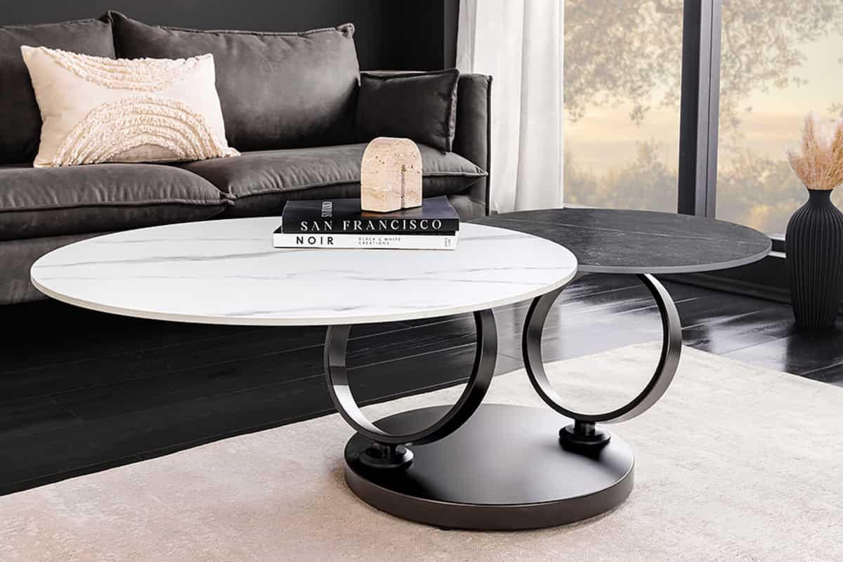COUCHTISCH DANCING RINGS Marmor rund Grau|Weiß 80cm - Schwarz/Weiß, Keramik/Metall (80/80/44cm) - riess-ambiente