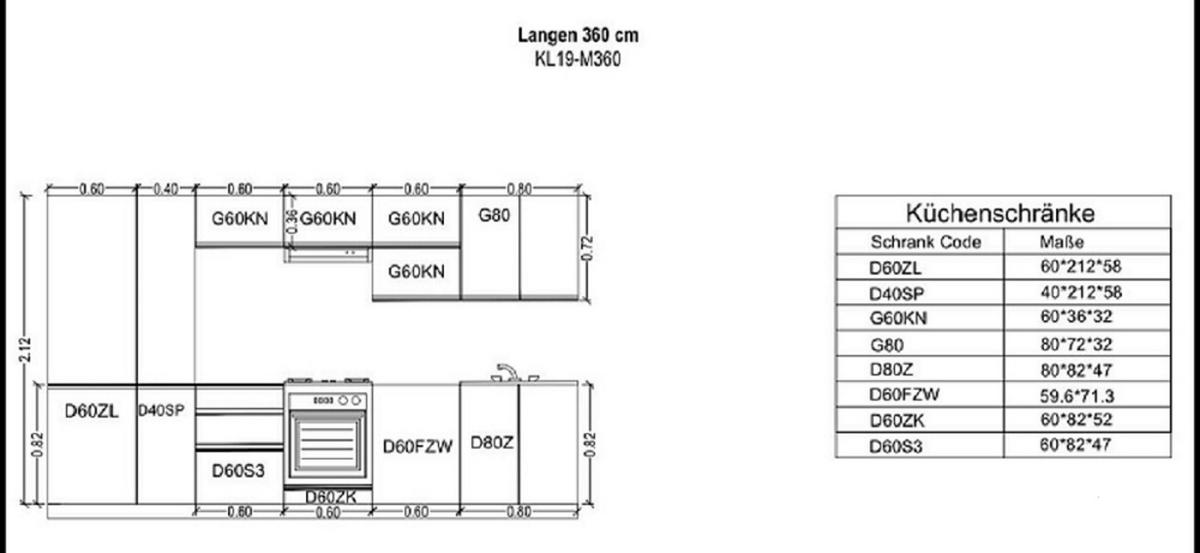 KÜCHENZEILE 360 cm - Langen KL19-M360 - in Grau / Matt - Schwarz/Grau, Holz/Metall (360/212/58cm)