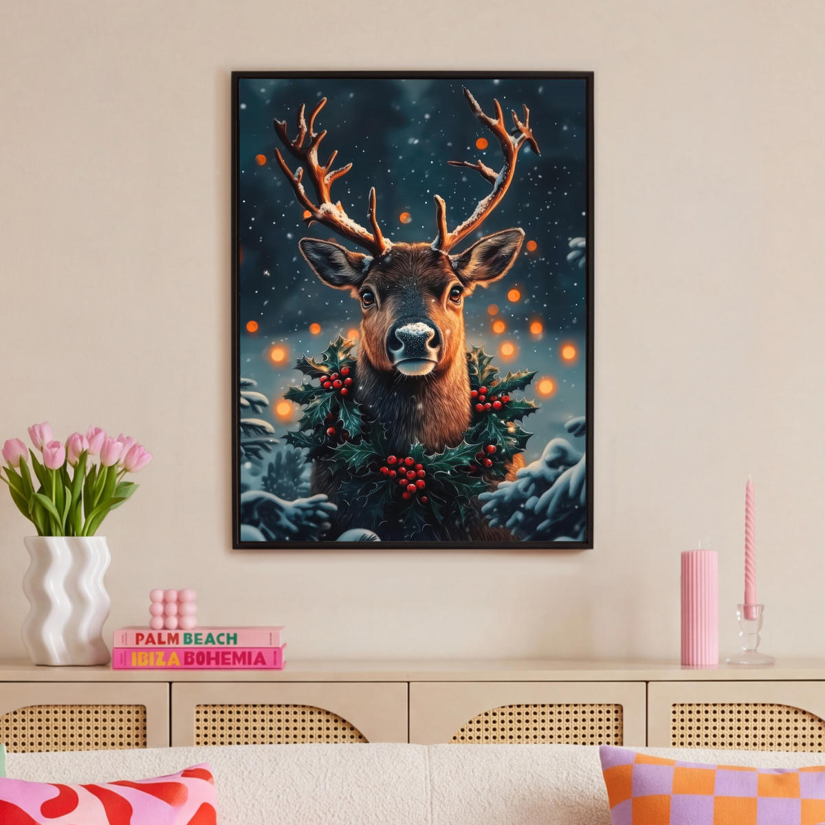 LEINWAND Bilder mit Rahmen - Hirsch - Weihnachten - Winter - Schnee - Weihnachtskranz - 70x100 - Dunkelbraun, Textil (70/100cm) - MuchoWow