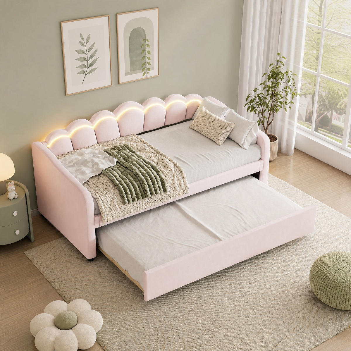 POLSTERBETT 90/200 mit Ausziehbett, LED-Umgebungslicht und Fernbedienung in Rosa - Rosa, Holzwerkstoff/Textil (90/200cm) - EVRYAE