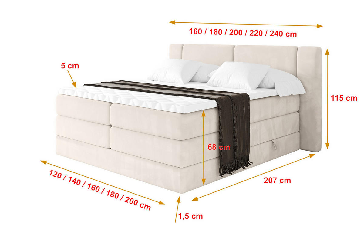 BOXSPRINGBETT mit Matratze H3/H4 - EVON KING - 140x200 cm Beige - Beige, Holzwerkstoff (140/200cm) - ALTDECOR