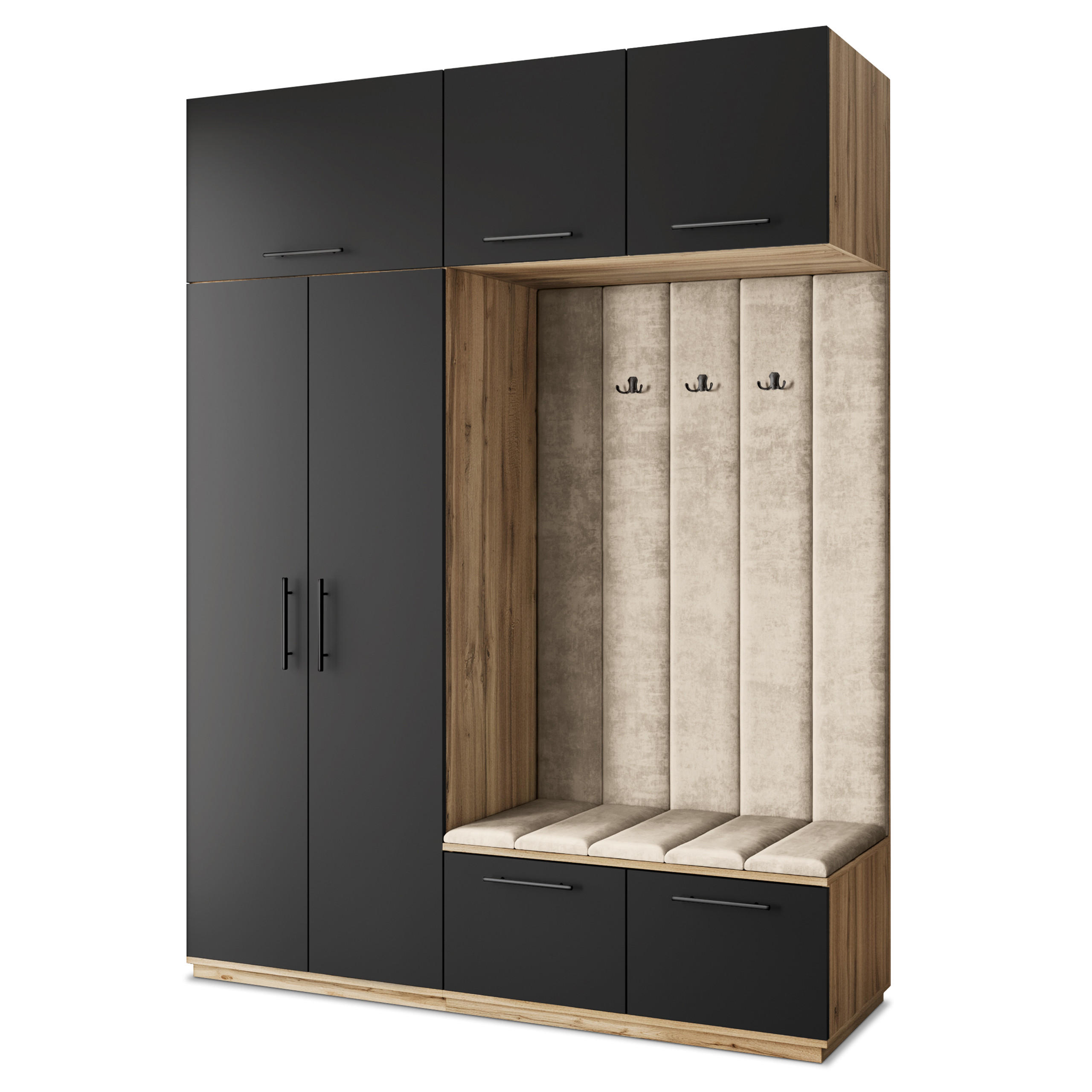 Masseno Garderobenschrank Eiche Wotan, Schwarz, Beige 180x240x60 cm