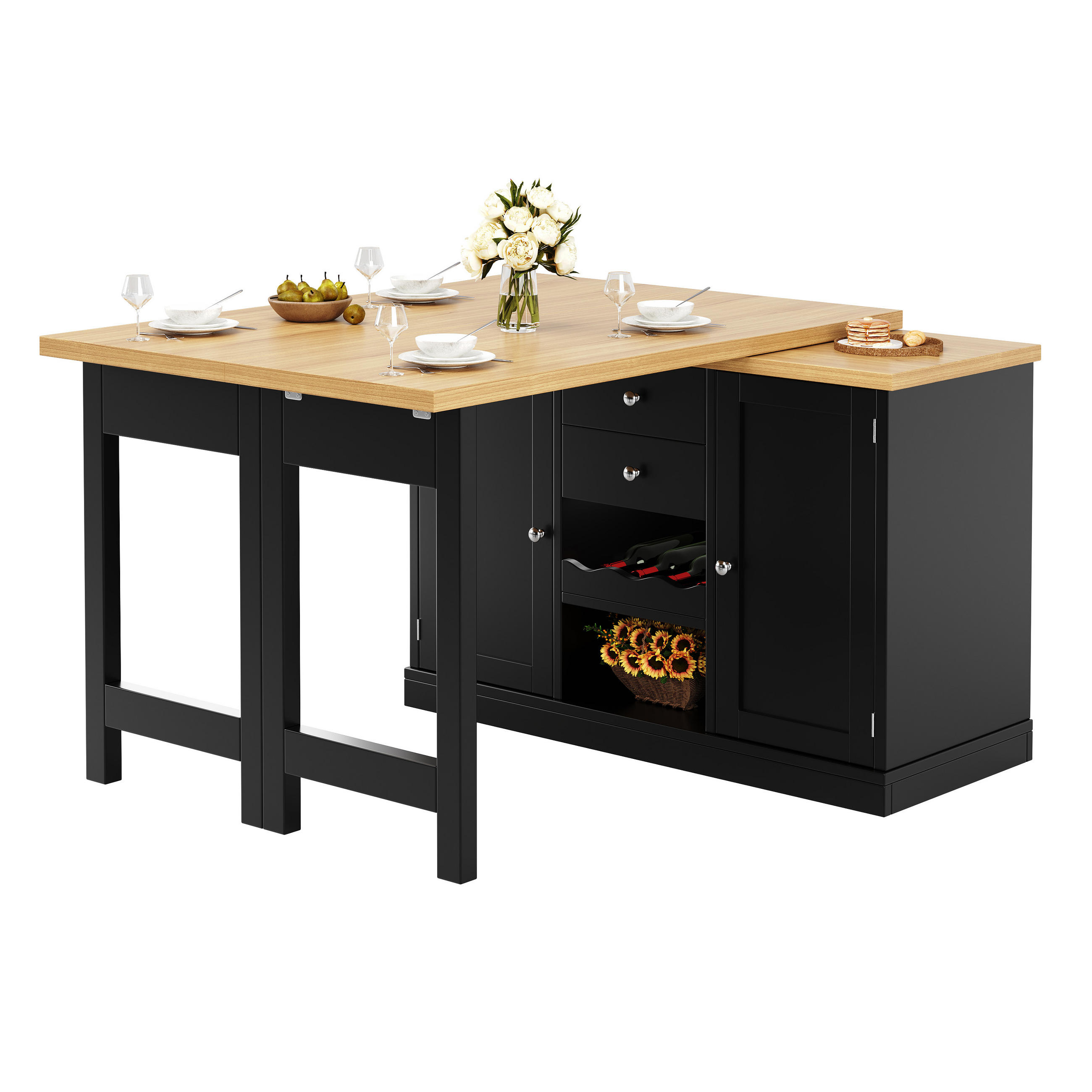 ESSTISCH Ausziehbar 120–197cm 360° Weinregal Stauraum - Schwarz, Holzwerkstoff (40/120/74cm) - FLIEKS