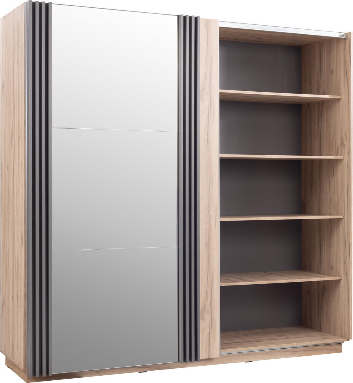 SCHWEBETÜRENSCHRANK PUNTO 215/210/61cm -türig mit Spiegel Eichefarben - Eichefarben/Anthrazit, Holzwerkstoff (215/210/61cm) - MASSENO
