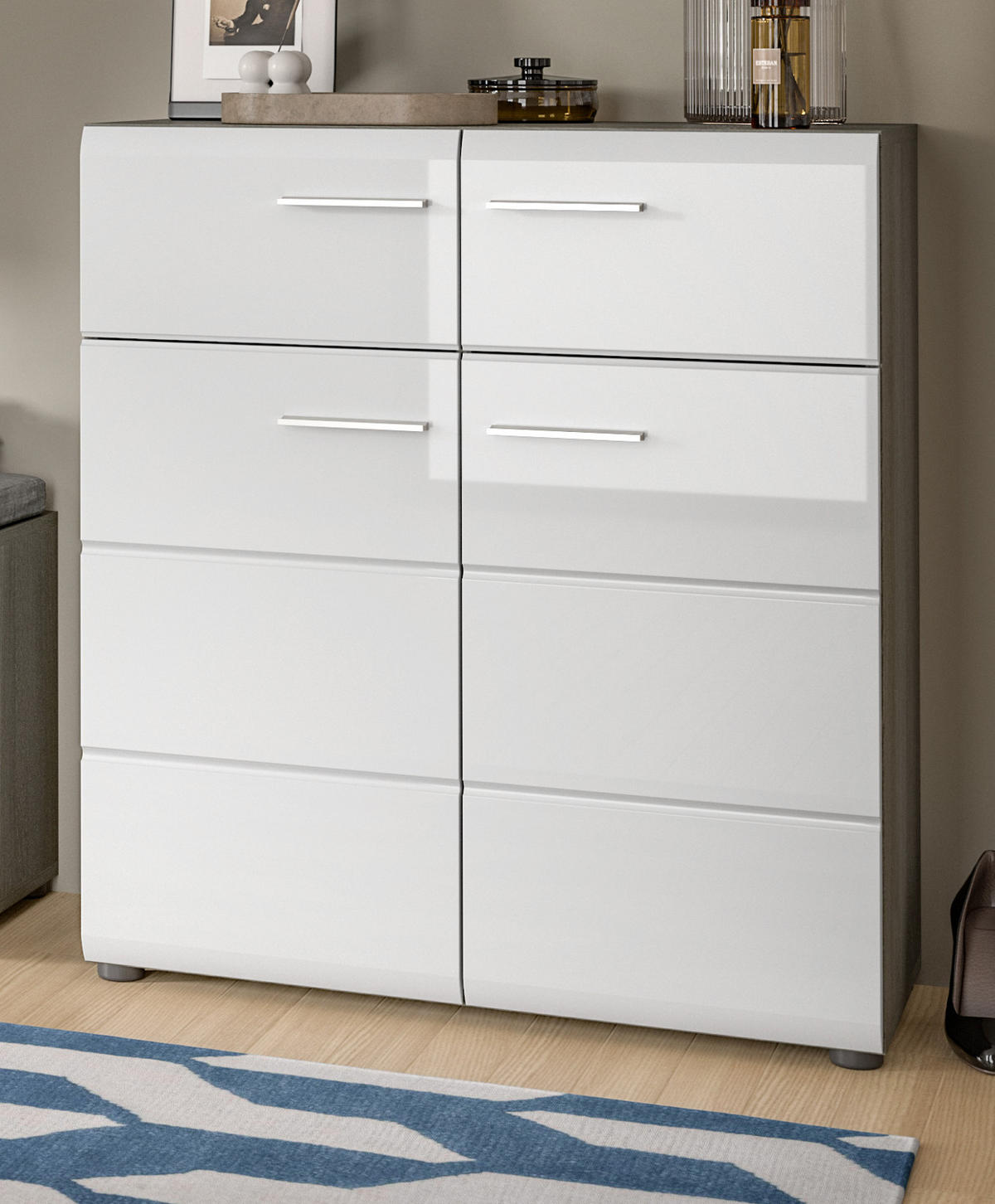 SCHUHSCHRANK weiß Hochglanz, grau 80 cm, Schuhkommode mit viel Stauraum - Weiß Hochglanz/Silberfarben, Holzwerkstoff/Kunststoff (80/90/37cm) - Inn.Furn