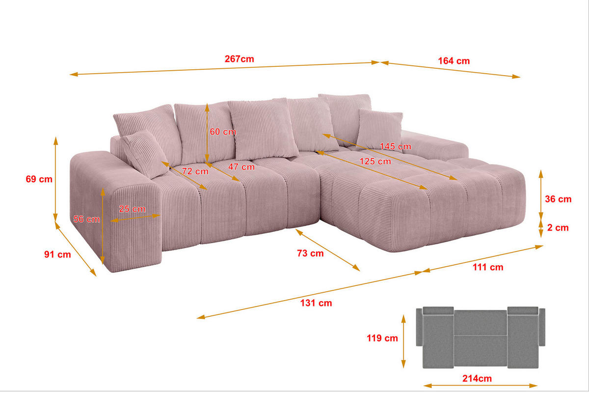 ECKSOFA Ottomane Rechts ENSI-L - 267x164x69 cm Rosa - Rosa, Holzwerkstoff/Kunststoff (164/267cm) - ALTDECOR